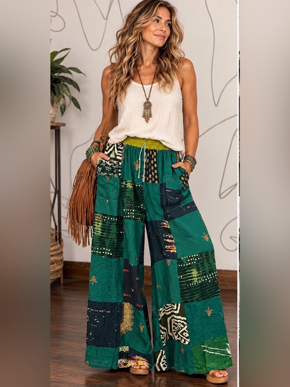 Boho Handmade Cotton/Rayon Patchwork Wide Leg Pants with Pockets O/S (fits most)